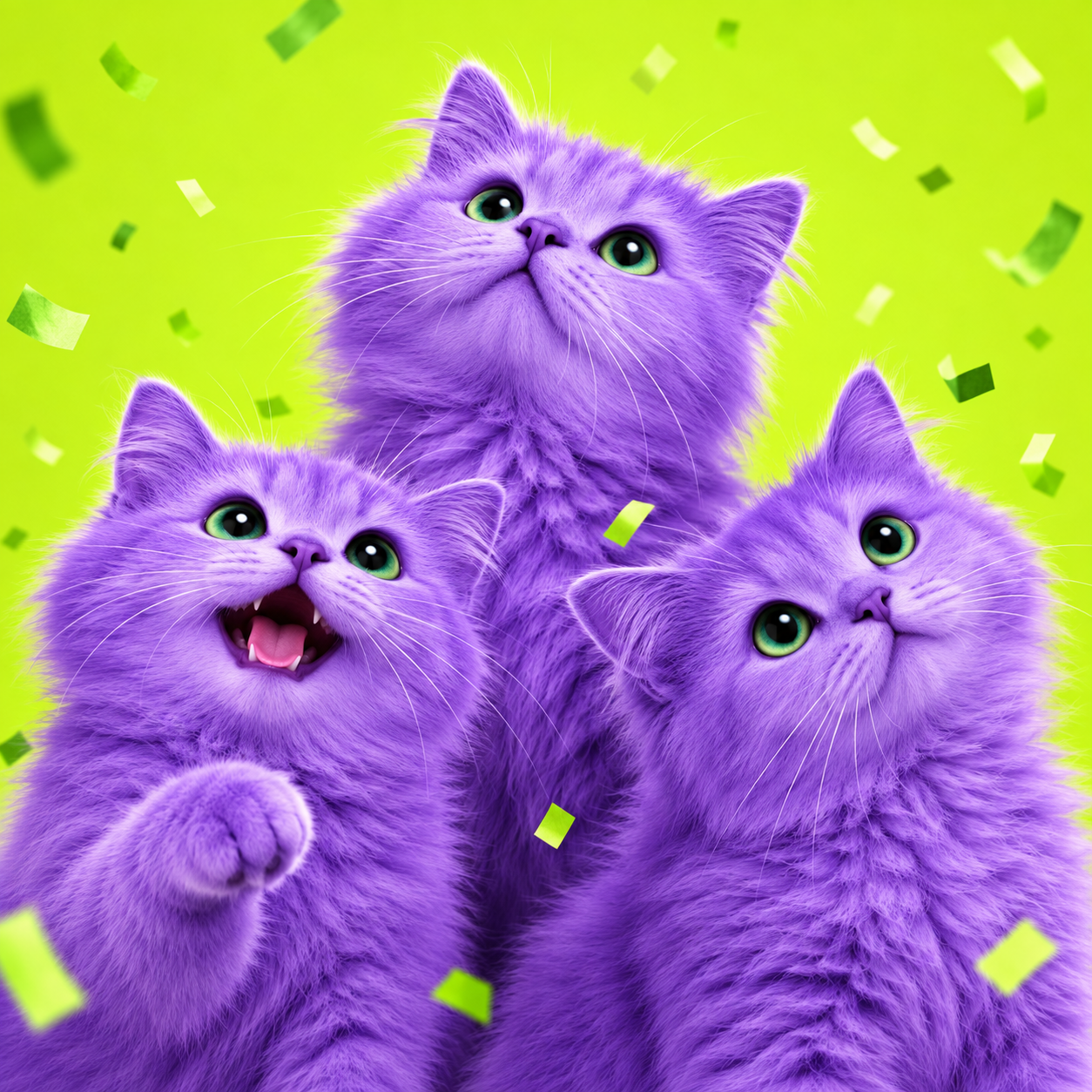 Three joyful purple FLAPCATs celebrating together